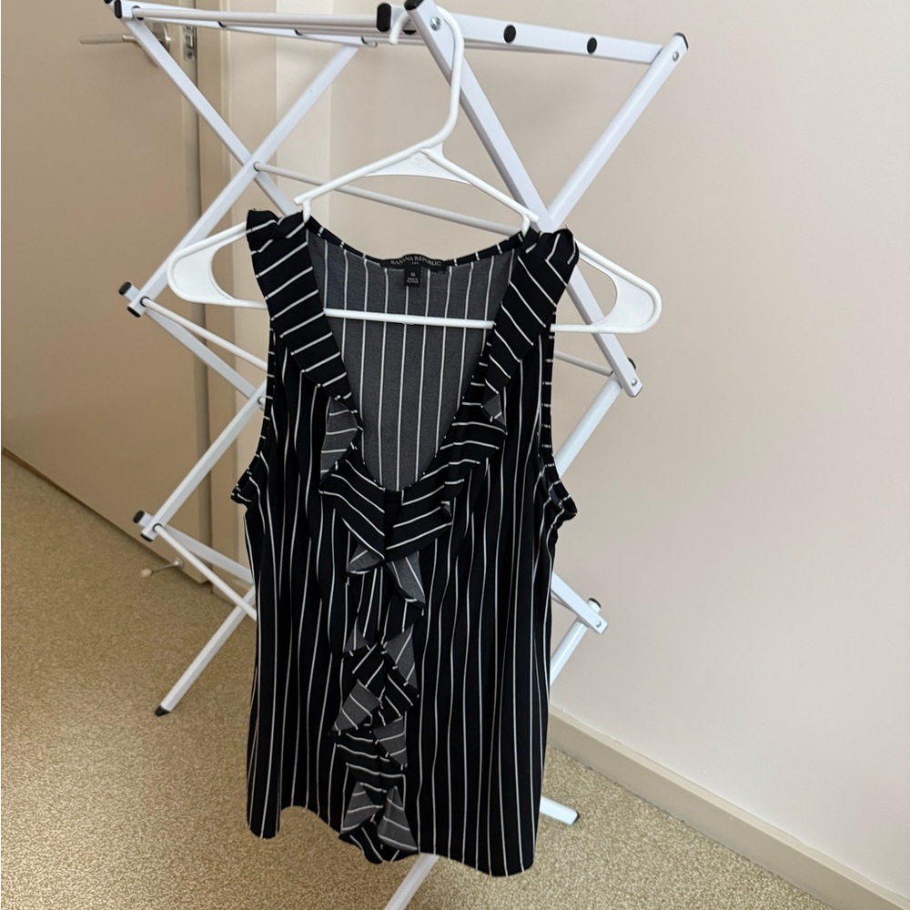 Banana Republic Black and White Striped Ruffle Top